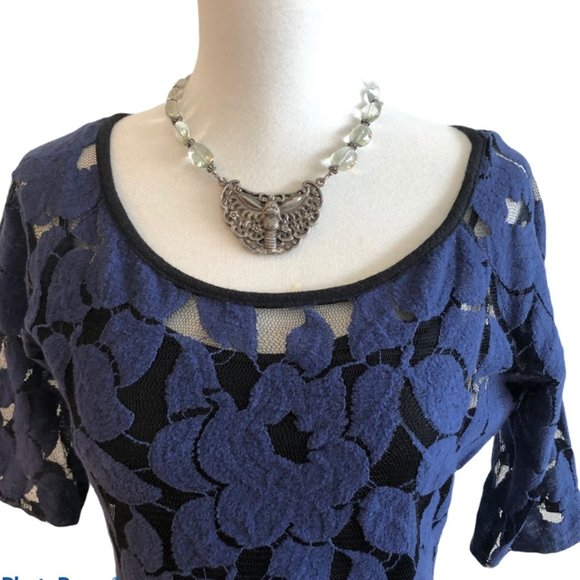 Sparrow, Blue Flocked Lace 2 piece Dress Small - Picture 4 of 8